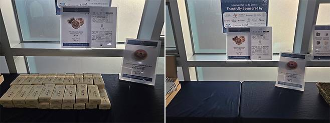 1일 경북 경주 APEC&nbsp;국제미디어센터(IMC) 내부에 마련돼 있는&nbsp;황남빵(왼쪽). 오른쪽 사진은 5분만에 황남빵이 동나 텅 빈 진열대 모습이다.&nbsp;전날 시진핑 중국 국가주석이 황남빵을 두고&nbsp;“맛있게 먹었다”고 언급하면서&nbsp;행사장 내부에 마련된 물량도 금방 소진됐다.&nbsp; 변세현 기자