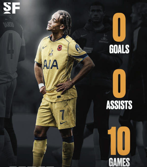 사비 시몬스 31일 기준 토트넘에서 10경기 연속 공격 포인트 기록 실패. soccerforever SNS 캡처