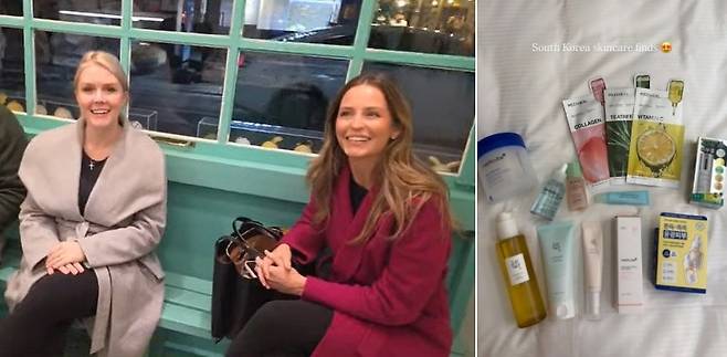 캐롤라인 레빗 백악관 대변인과 마고 마틴 커뮤니케이션 담당 특별보좌관이 29일 경주 황리단길 한 젤라또 가게에서 주문을 기다리는 모습(왼쪽)·레빗 대변인이 올리브영에서 한국 화장품을 구매한 뒤 인스타그램 스토리에 올린 모습. 유튜브 채널 ‘일롱머스크’ 영상·인스타그램 캡처