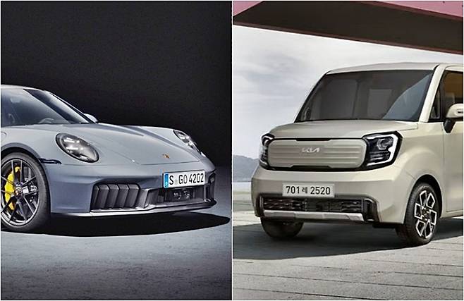 ‘운전자의 로망’으로 불리는 포르쉐 911 카레라 GTS(왼쪽)와 기아 레이 [사진출처=포르쉐, 기아/ 편집=최기성 매경 디지털뉴스룸 기자]