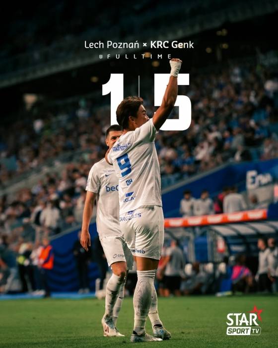 폴란드 포즈난의 에니아 스타디온에서 열린 레흐 포즈난(폴란드)과 2025~2026시즌 유럽축구연맹(UEFA) 유로파리그(UEL) 플레이오프(PO) 1차전에서 득점한 오현규(9번)가 오른손을 치켜세우고 있다. /사진=KRC 헹크 공식 사회관계망서비스(SNS)