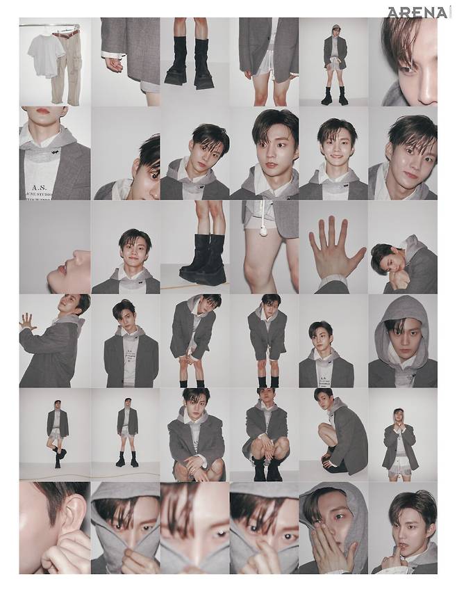 블레이저 재킷 질 샌더, 후드 티셔츠·트레이닝 쇼츠 모두 아크네스튜디오, 이너로 착용한 스트라이프 셔츠 디올 맨, 슈즈 릭 오웬스 제품.