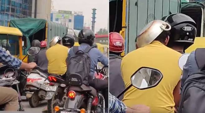냄비 쓰고 오토바이를 탄 인도 남성(Karnataka Portfolio의 X영상 갈무리)