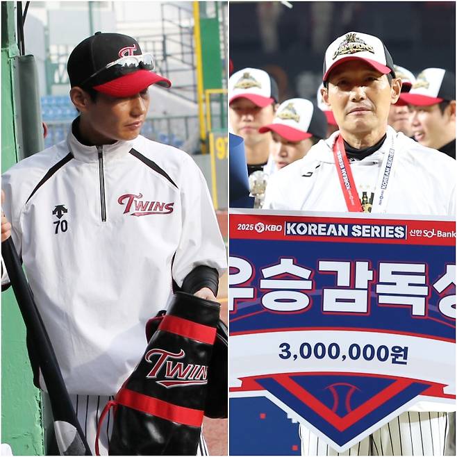 2011년 LG 수비 코치 시절 염경엽 감독의 모습. 오른쪽은 2025 KBO리그 한국시리즈를 우승으로 이끈 염경엽 감독이 '우승 감독상'을 받고 있다. 사진=IS 포토·구단 제공