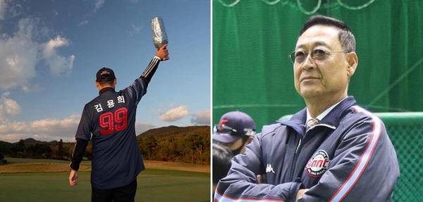 아버지 김용희(오른쪽) 롯데 자이언츠 2군 감독의 유니폼을 입고 우승 트로피를 들고 있는 김재호.  KPGA 투어·롯데 제공