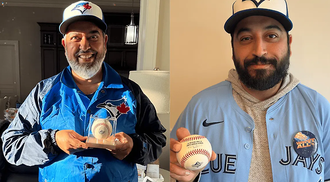 ▲ 로하스와 스미스의 홈런 공을 잡은 존 베인스와 존 매튜 부자(父子).