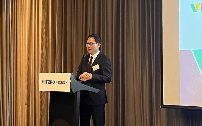 이병호 비츠로넥스텍 대표가 4일 열린 기업공개(IPO) 기자 간담회에서 발언하고 있다./사진=김보라 기자