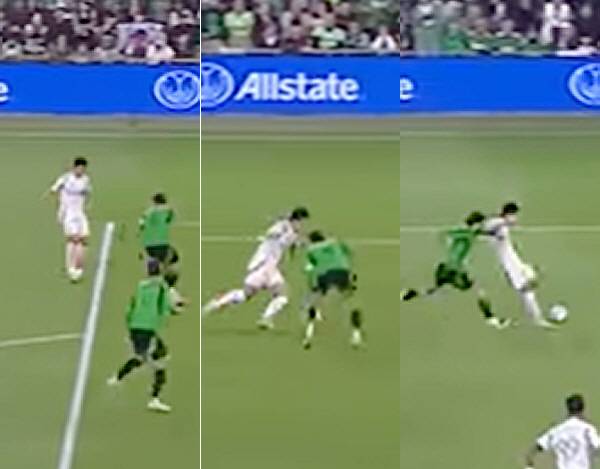 손흥민의 스텝오버 실전 강습. 1. 수비수 앞에서 우선멈춤 2. 헛다리 짚기로 수비수 타이밍 뺏고 '치달'. 3. 슛. 출처=MLS 영상 화면