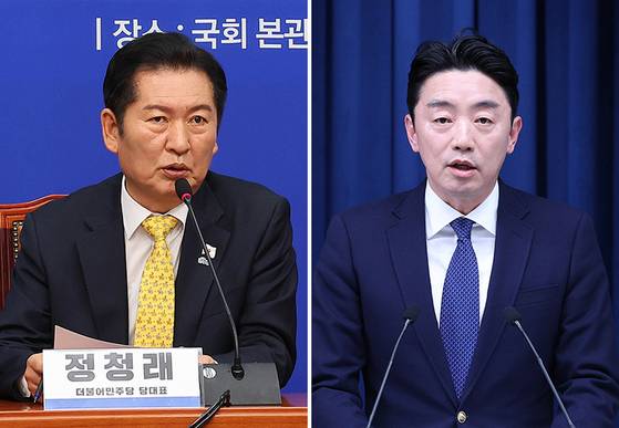 정청래 더불어민주당 대표가 3일 오전 서울 여의도 국회에서 열린 ‘사법 불신 극복, 사법행정 정상화 TF 출범식’에서 발언하고 있다(왼쪽 사진). 같은 날 강훈식 대통령비서실장이 서울 용산 대통령실 기자회견장에서 재판중지법 관련 브리핑을 하고 있다. 임현동 기자, [사진 대통령실사진기자단]