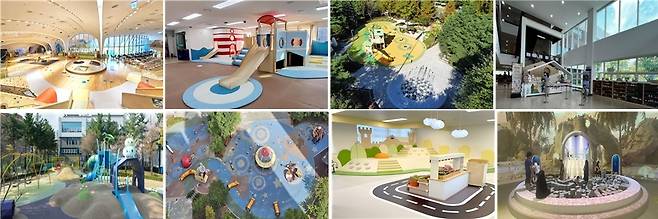 2025년 우수 어린이놀이시설. 상단 왼쪽부터 디키디키(서울 중구), 부산서구육아종합지원센터 놀이체험실(부산 서구), 에어드리공원 숲속 책마을 놀이터(경기 과천시), 경기도교육청 북부유아체험교육원(경기 양주시), 하단 왼쪽부터 하늘빛 어린이공원(경기 의정부시), 천안스마일시티 효성해링턴 플레이스 놀이터(충남 천안시), 여수시 mom편한 공공형 실내놀이터(전남 여수시), 아르떼 키즈파크 제주(제주 제주시)[행정안전부 제공]
