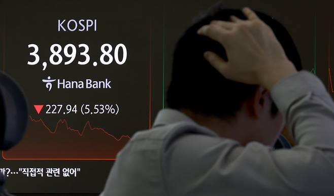5일 서울 을지로 하나은행 본점 딜링룸 현황판에 코스피가 표시되고 있다. 이날 코스피는 전 거래일보다 66.27포인트(1.61%) 내린 4055.47로 시작해 장중 3900선 아래로 떨어졌다. /연합뉴스