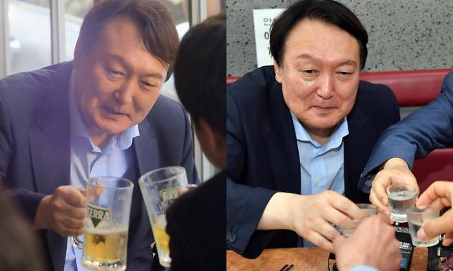 (왼쪽) 2021년 7월25일 윤석열 전 검찰총장이 서울 광진구의 한 음식점에서 이준석 당시 국민의힘 대표와 ‘치맥회동\'을 하고 있다. (오른쪽) 윤석열 전 검찰총장이 2021년 7월27일 부산 서구에 있는 한 국밥집에서 국민의힘 부산 국회의원들과 식사하면서 소주잔을 부딪치고 있다. 공동취재사진, 부산사진공동취재단