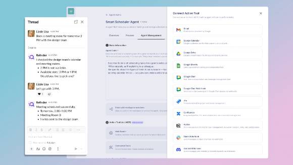 씽크프리 리파인더 AI 에이전트가 슬랙, 구글 챗에서 사용자의 대화형 요청을 인식해 회의 일정을 예약해주는 모습. [사진=씽크프리]