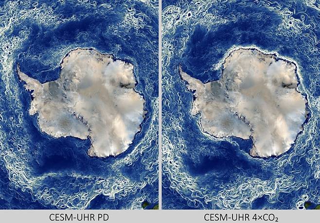 대기 중 이산화탄소 현재 농도(왼쪽)와 4배증(오른쪽) 조건에서의 남극해 9월 중규모 수평 교란 비교. 중규모 수평 교란은 유한 크기 리아프코프 지수(FSLE)를 이용해 정량화하였다. FSLE가 높은 값을 가질수록(밝을수록) 수평 교란이 더 강하게 나타남을 의미한다. IBS