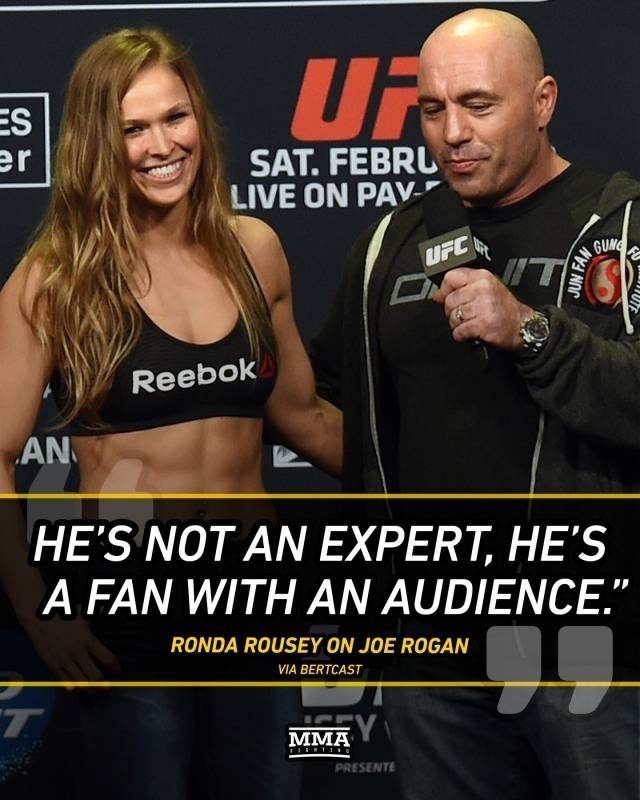 로우지는 UFC 해설가이자 과거 태권도 선수였던 조 로건에 대해 “로건은 아무것도 모른다. 그는 전문가가 아니다. 그저 청중이 있는 팬일 뿐이다”라며 “싸워본 적이 없잖아. 태권도는 싸움이 아니다”라고 냉정한 반응을 보였다. 사진=MMA 파이팅 SNS