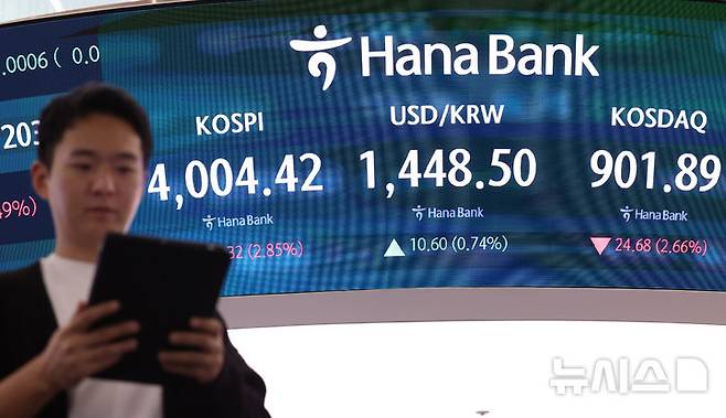 [서울=뉴시스] 이영환 기자 = 코스피가 전 거래일(4121.74)보다 117.32포인트(2.85%) 내린 4004.42에 마감한 5일 오후 서울 중구 하나은행 딜링룸 전광판에 종가가 표시되어 있다.코스닥 지수는 전 거래일(926.57)보다 24.68포인트(2.66%) 하락한 901.89, 서울 외환시장에서 원·달러 환율은 전 거래일 주간거래 종가(1437.9원)보다 11.5원 오른 1449.4원에 주간 거래를 마무리했다. 2025.11.05. 20hwan@newsis.com