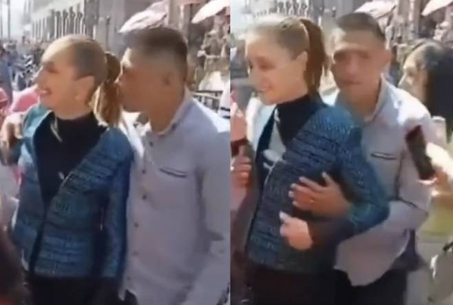 클라우디아 셰인바움 멕시코 대통령이 4일(현지시간) 수도 멕시코시티의 한 번화가에서 시민들과 만나던 도중 한 남성이 다가가 신체 접촉을 하고 있다. 자료 : 엑스