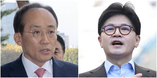 추경호 전 국민의힘 원내대표(왼쪽)와 한동훈 전 국민의힘 대표 ⓒ시사저널 박정훈·연합뉴스