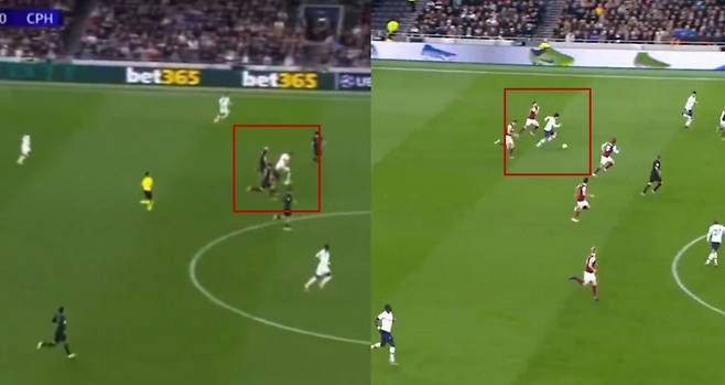 5일 토트넘 미키 판더펜의 코펜하겐전 득점 과정 영상(왼쪽)과 지난 2019년 손흥민의 번리전 득점 영상을 나란히 배치한 장면. /사진=풋볼 컨피덴셜 캡처