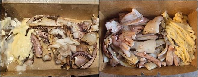 지난달 20일 한 온라인 커뮤니티에 올라온 오징어 철판구이(왼쪽)와 상인회가 직접 찍은 오징어철판구이.