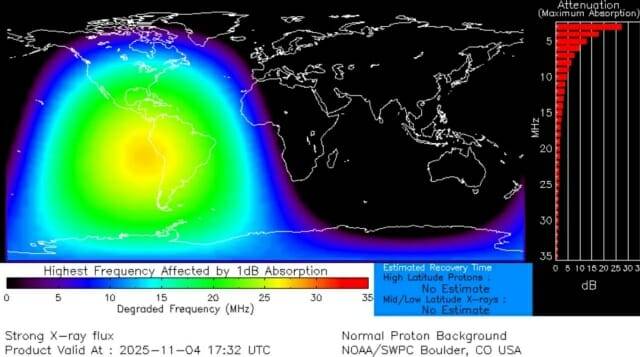 X.1.8 태양 플레어로 4일 아메리카 전역에서 무선통신이 중단됐다. (출처=NOAA, SWPC)