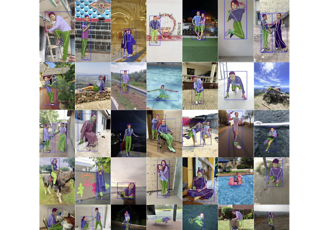 소니AI 연구팀이 세계 81개국에서 동의받은 얼굴 사진을 모아 AI의 시각 편향을 분석하거나 교정할 수 있는 ‘윤리적 데이터세트(FHIBE)’를 구축했다. FHIBE 데이터세트의 예시 이미지로 사람의 얼굴과 몸에 위치한 주요 지점을 표시하고 구역별로 색을 나눠 표시했다. 각 부위에는 ‘얼굴’, ‘팔’, ‘장신구’처럼 이름이 붙어 있으며 얼굴과 전신은 빨간색과 파란색 사각형으로 구분된다. 네이처 제공&nbsp;