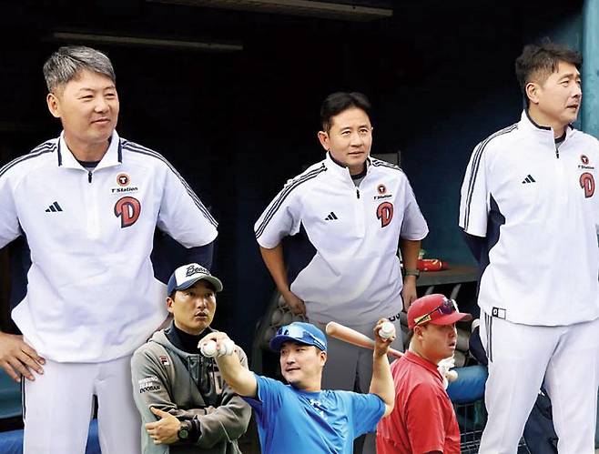두산 김원형 감독, 손시헌 퀄리티컨트롤(QC) 코치, 홍원기 수석코치(왼쪽부터)가 지난 2일 일본 미야자키 마무리캠프에서 선수들의 훈련 모습을 지켜보고 있다. 작은 사진 왼쪽부터 정재훈 투수코치, 이진영 타격코치, 손지환 수비코치. 두산 페이스북 캡처·각 구단 제공
