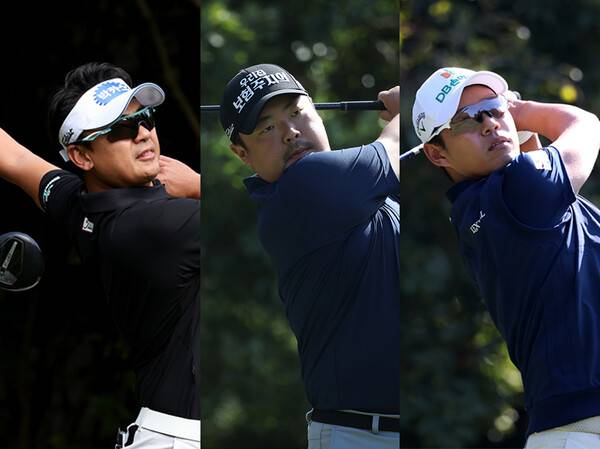 2025년 한국프로골프(KPGA) 투어 시즌 최종전 'KPGA 투어챔피언십 인 제주'에 출전한 박상현, 유송규, 문도엽 프로가 2라운드에서 경기하는 모습이다. 사진제공=KPGA (사진을 무단으로 사용하지 마십시오.)