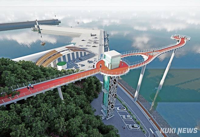 강릉 안목 죽도봉에서 바다를 향해 길이 108m, 높이 30m 규모의 스카이밸리(스카이워크 설치) 조성사업이 2026년 준공을 목표로 11월중 착공에 들어간다. ‘안목 죽도봉 스카이밸리 조성사업’ 조감도. 강릉시 제공