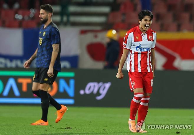 승리를 기뻐하는 즈베즈다의 수비수 설영우 [EPA=연합뉴스]