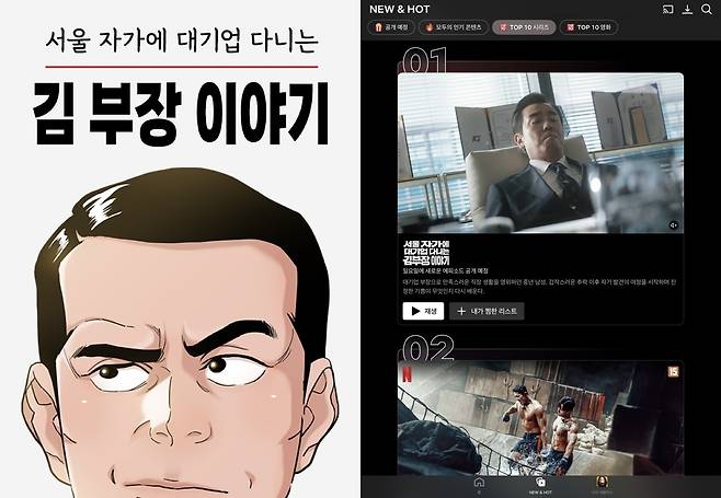 네이버웹툰 '서울 자가에 대기업 다니는 김부장 이야기' 외전 표지(왼쪽)와 동명의 TV 드라마가 넷플릭스 '뉴 앤 핫'(NEW & HOT) 목록의 '톱 10 시리즈' 1위를 차지한 모습 (네이버웹툰 제공·넷플릭스 갈무리)