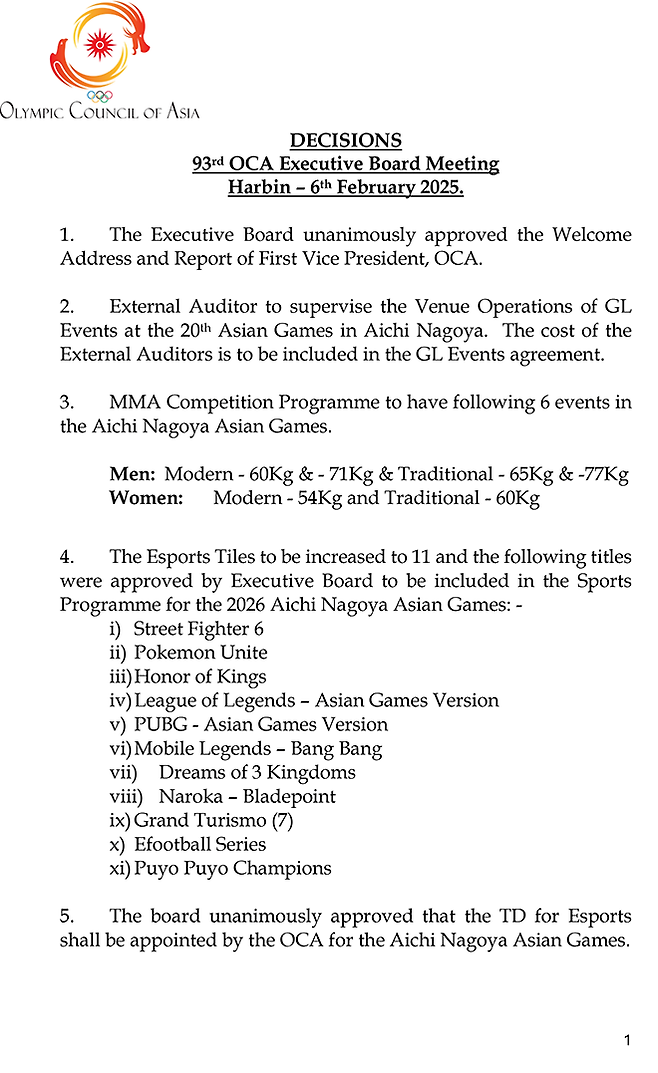 종합격투기 프로그램 일본 아이치-나고야 여름경기대회 추가 등을 담은 제93차 아시아올림픽평의회 집행위원회 결정문 1페이지. 사진=OCA 공식 문서 PDF