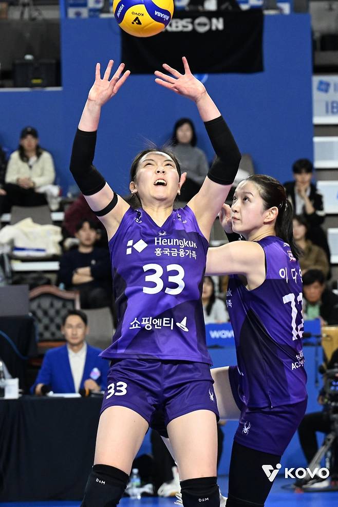 토스하는 흥국생명의 이나연(왼쪽) [한국배구연맹 제공. 재판매.DB 금지]