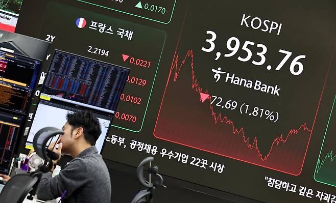 지난 7일 서울 중구 하나은행 딜링룸 현황판에 코스피 지수 등이 표시되고 있다./연합뉴스