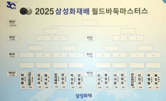 2025 삼성화재배 16강 대진표. 16강전은 10일과 11일 이틀에 걸쳐 진행된다. 강정현 기자