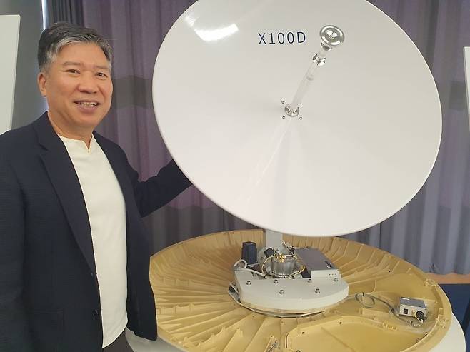 강승구 인텔리안테크 부사장이 다중궤도 다중 주파수 제품인 X100D를 소개하고 있다. 평택=윤현주 기자