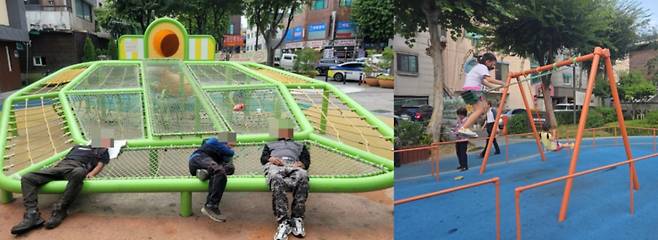 올해 초 서울 금천구 은행어린이공원에 주취자들이 누워 있는 모습(왼쪽). 같은 공원이 금주공원으로 지정된 후 어린이들이 그네를 타는 모습(오른쪽). /사진제공=서울 금천경찰서.