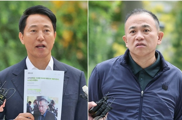 세훈 서울시장(왼쪽)과 정치브로커 명태균 씨가 8일 ‘여론조사비 대납 의혹’을 수사하는 민중기 특별검사팀의 사무실이 마련된 서울 KT광화문빌딩 웨스트에 조사를 받기 위해 출석하고 있다. 연합뉴스