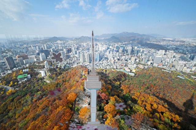 완연한 가을 날씨를 보인 9일 서울 중구 N서울타워에서 바라본 남산에 단풍이 울긋불긋 물들어 있다. 조태형 기자 2025.11.09