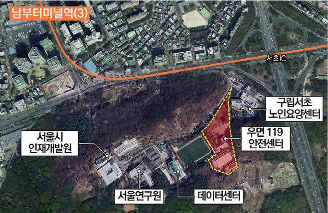 서울시가 2025년 '대상지 공모형 민가투자사업' 공모를 받는 서초소방학교 부지 위치도. (사진=서울시 제공)