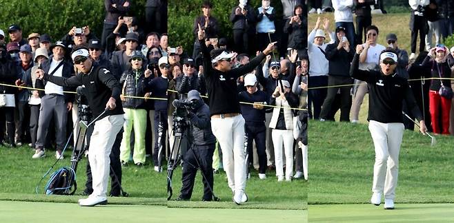 화끈한 세리머니로 유명한 박상현이 마지막 18번홀에서 우승을 확정짓는 4.7m 버디 퍼트를 넣은 뒤 환호하고 있다. KPGA