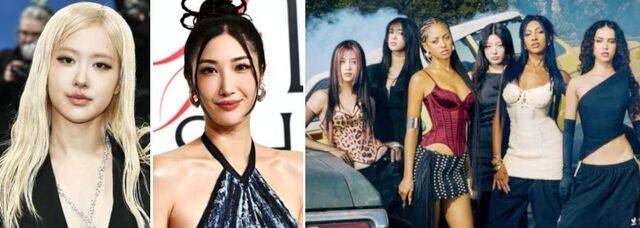 미국 대중음악계 최고 권위의 그래미 어워즈에서 K팝 아티스트 최초로 본상인 ‘송 오브 더 이어’(올해의 노래) 등 ‘제너럴 필즈’ 부문 후보에 오른 걸그룹 블랙핑크 멤버 로제(맨 왼쪽)와 한국계 미국인 가수 겸 작곡가 이재(가운데). 하이브의 한미 합작 6인조 걸그룹 캣츠아이는 신인상인 ‘베스트 뉴 아티스트’ 등 2개 부문 후보에 지명됐다. AP뉴시스, 하이브 제공