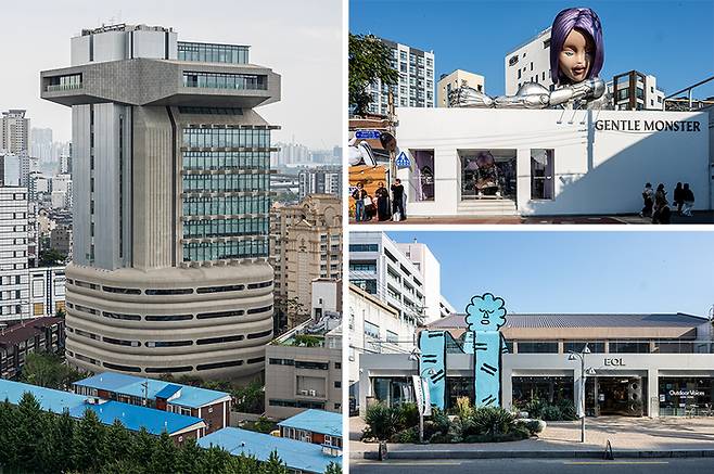 성수에는 독특한 외관으로 시선을 사로 잡는 건물도 많다. 사진 왼쪽부터 아이아이컴바인드 신사옥 ‘하우스노웨어 성수’, 젠틀몬스터 포켓팝업 성수점, EQL 성수점. (윤관식 기자)