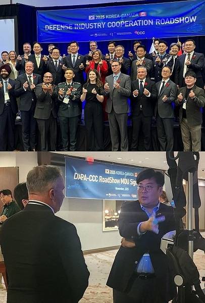 사진: 캐나다 국방조달청 관계자에게 에프알티로보틱스의 김승준 CMO가 제품에 대한 설명 중