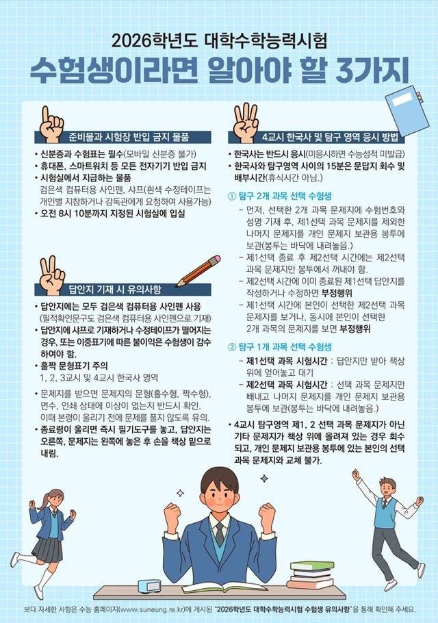 교육부는 ‘2026학년도 수능 수험생 유의 사항’을 안내하며 수험생들에게 철저한 사전 준비를 당부했다. 교육부