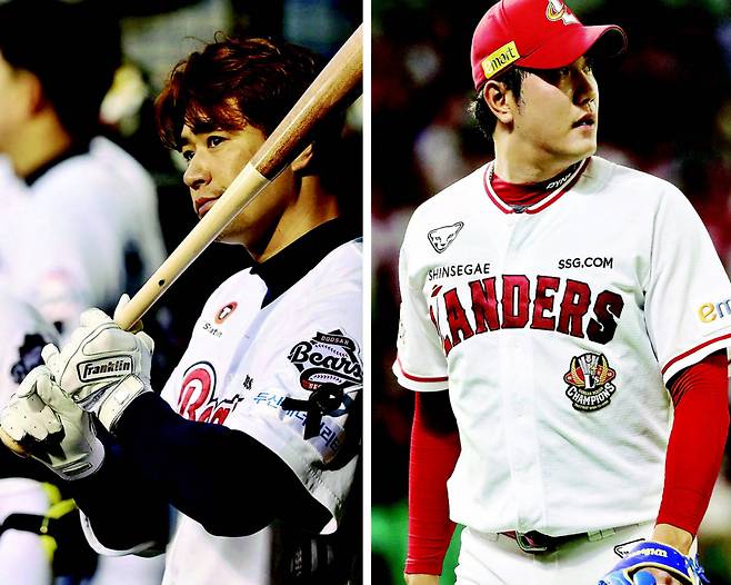 두산 김재환(왼쪽), SSG 서진용. 구단 제공