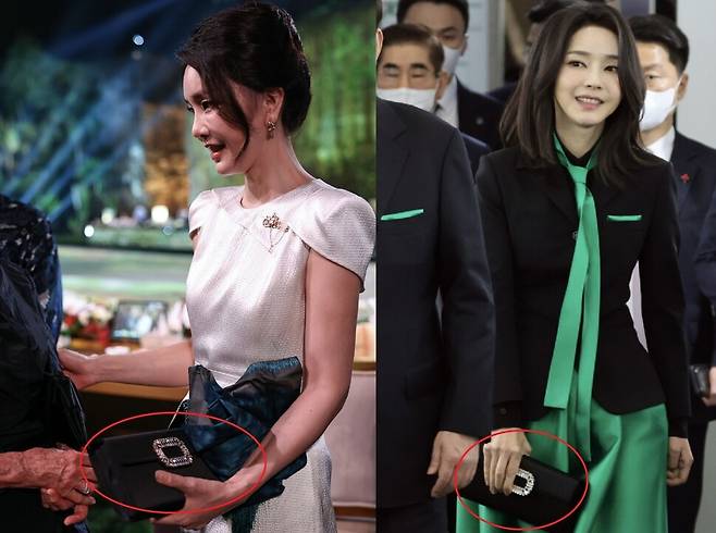 김건희 여사가 2022년 주요 20개국(G20) 환영 만찬(왼쪽)과 2023년 문화예술인 신년인사회(오른쪽)에서 로저 비비에 브랜드의 클러치백을 든 모습. 연합뉴스