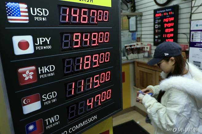(서울=뉴스1) 박정호 기자 = 달러·원 환율이 장중 1460원대를 돌파하며 약 7개월 만에 최고치를 기록한 11일 오후 서울 중구 명동의 환전소에서 관광객이 환전을 하고 있다. 2025.11.11/뉴스1 Copyright (C) 뉴스1. All rights reserved. 무단 전재 및 재배포, AI학습 이용 금지. /사진=(서울=뉴스1) 박정호 기자
