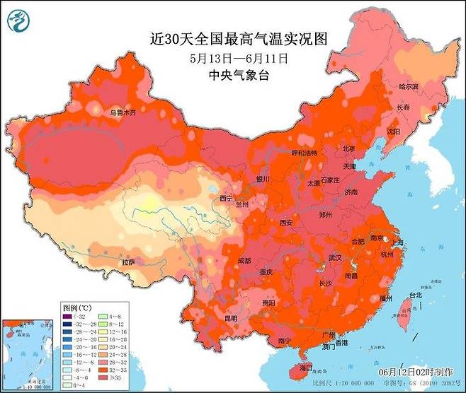 [청주=뉴시스] 중국 중앙기상대가 발표한 2024년 5월 '전국최고기온실황도'. 중국 북부·중동부 지역이 35도 이상 고온에 시달리는 걸 확인할 수 있다. (그래픽=고려대기환경연구소 제공) 2024.06.12. photo.newsis.com  *재판매 및 DB 금지