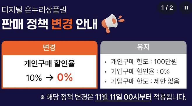 중소벤처기업부와 소상공인진흥공단은 개인 구매 할인율 변경 등을 골자로 한 정책 변경 내용을 지난 10일 오후 공지했다. ⓒ소상공인진흥공단